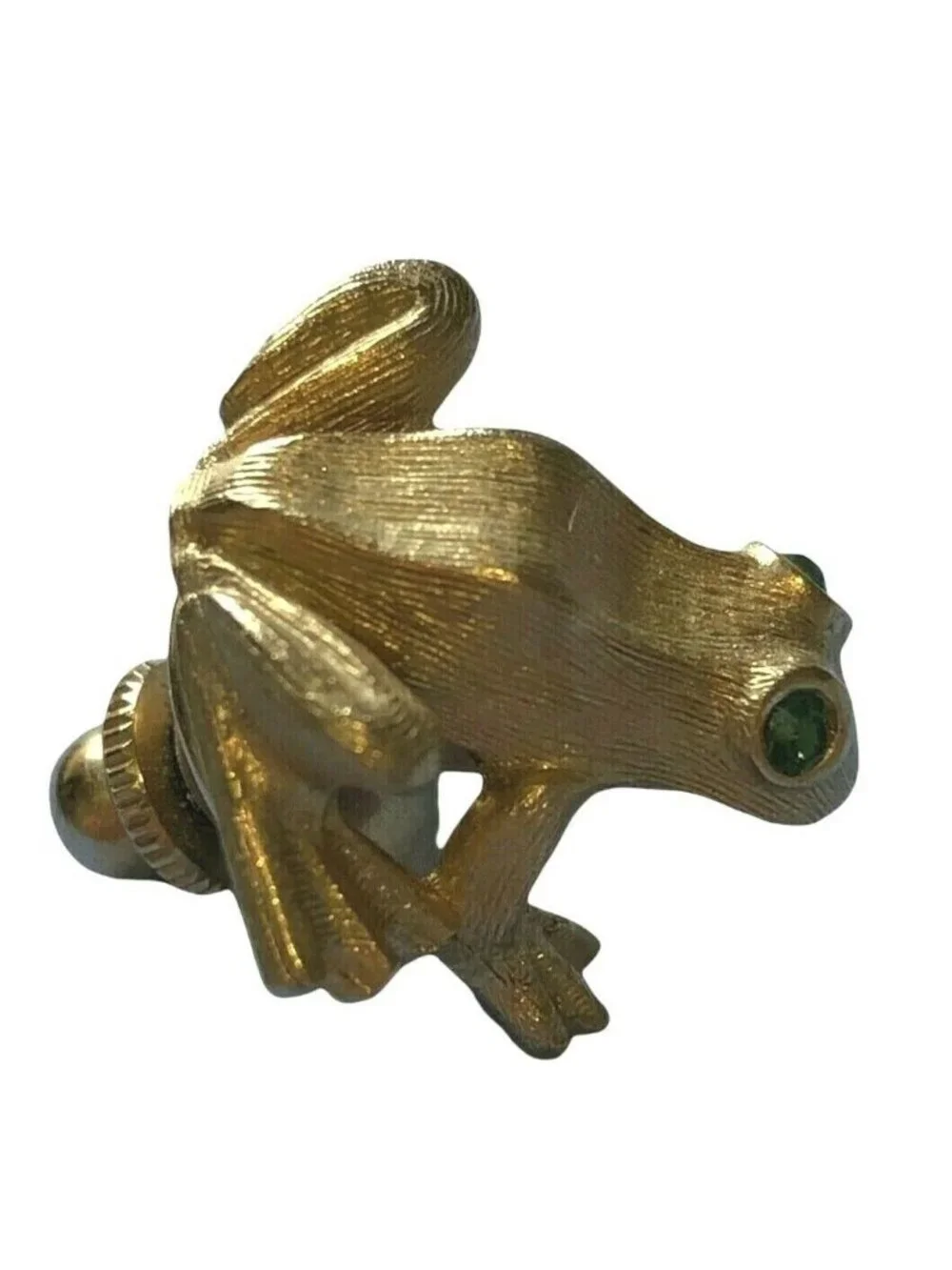 Avon Frog Gold Tone Tie Tack Lapel Pin Green Eyes Faux Gemstones Brooch EUC